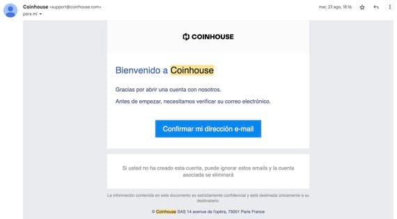 Confirmación email Coinhouse