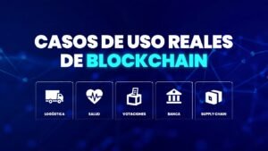 Créame una imagen de miniatura para el blog. Se llama: Casos de uso reales de blockchain: logística, salud, votaciones, banca y supply chain
